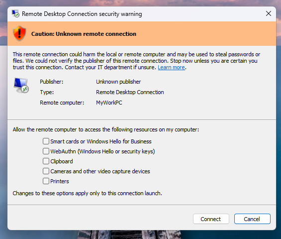 Τα Windows προειδοποιούν ότι ένα αρχείο RDP προέρχεται από έναν μη επαληθευμένο εκδότη